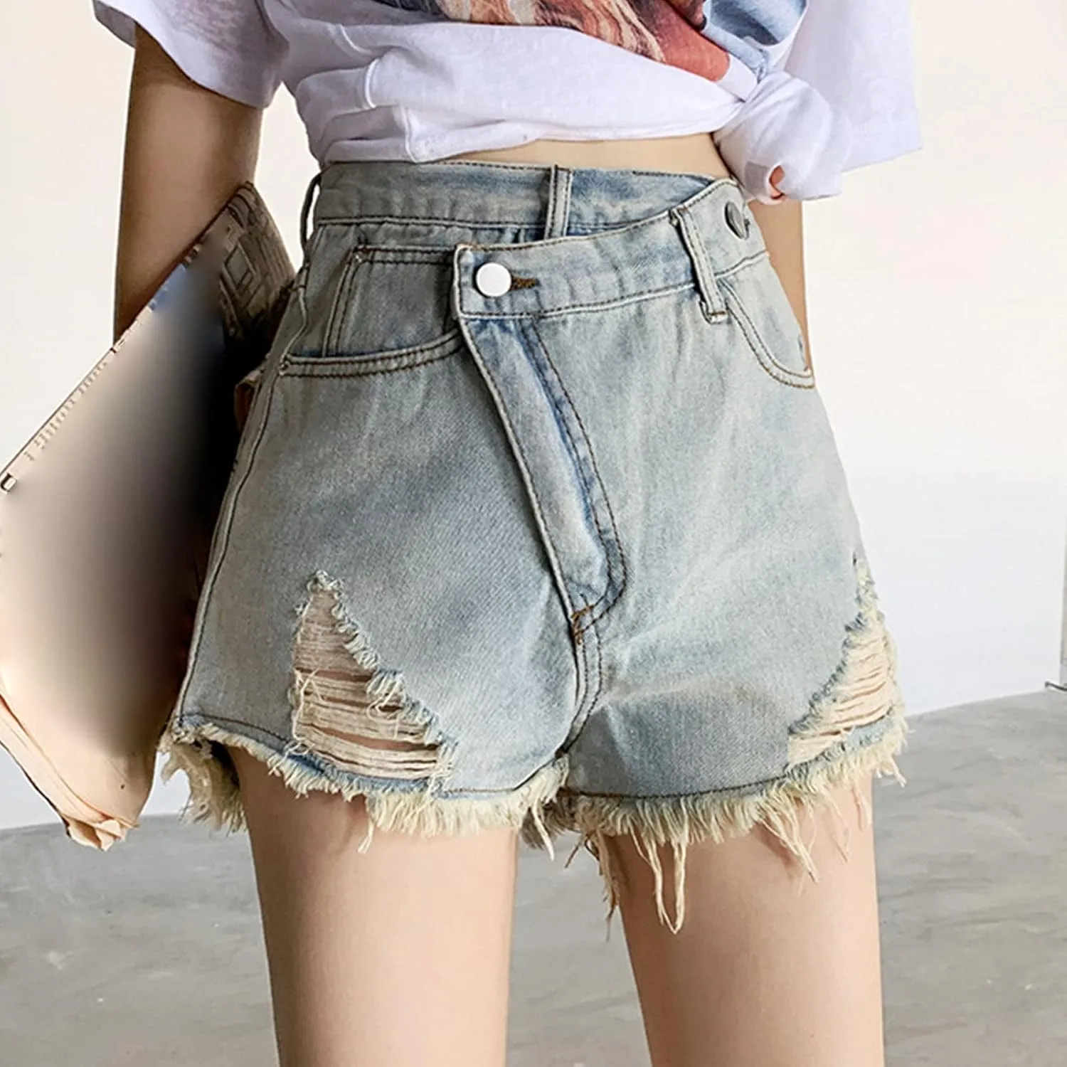 JEKE-DG Women's Raw Hem Ripped Denim Shorts High Waisted Distressed Denim Shorts Casual Denim Jean Shorts with Pocket