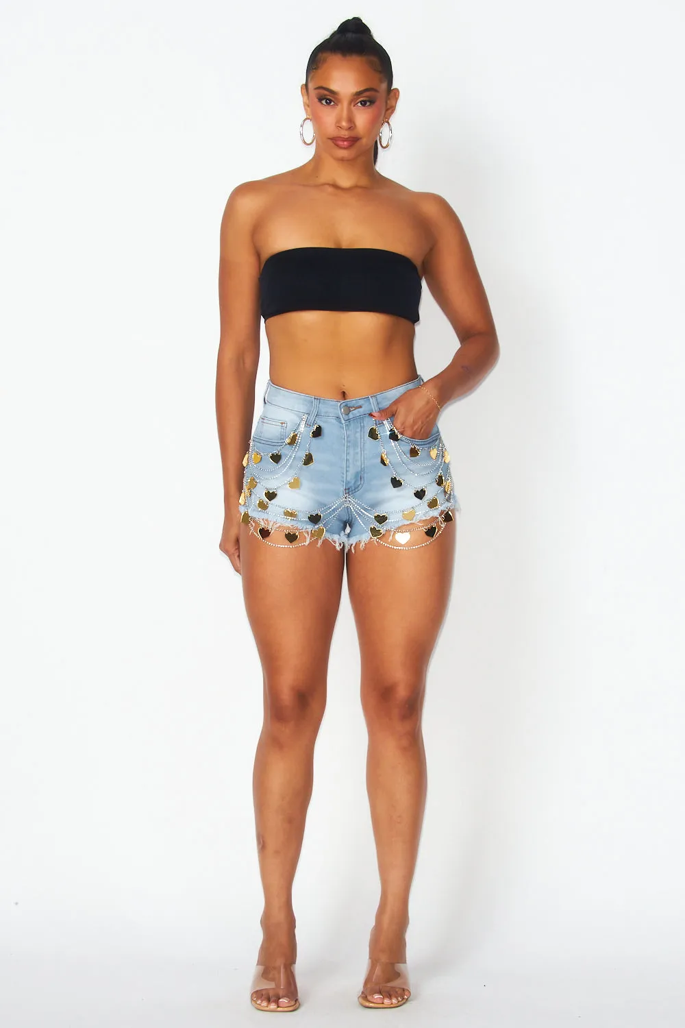 Judith Metallic Hearts Denim Jean Shorts