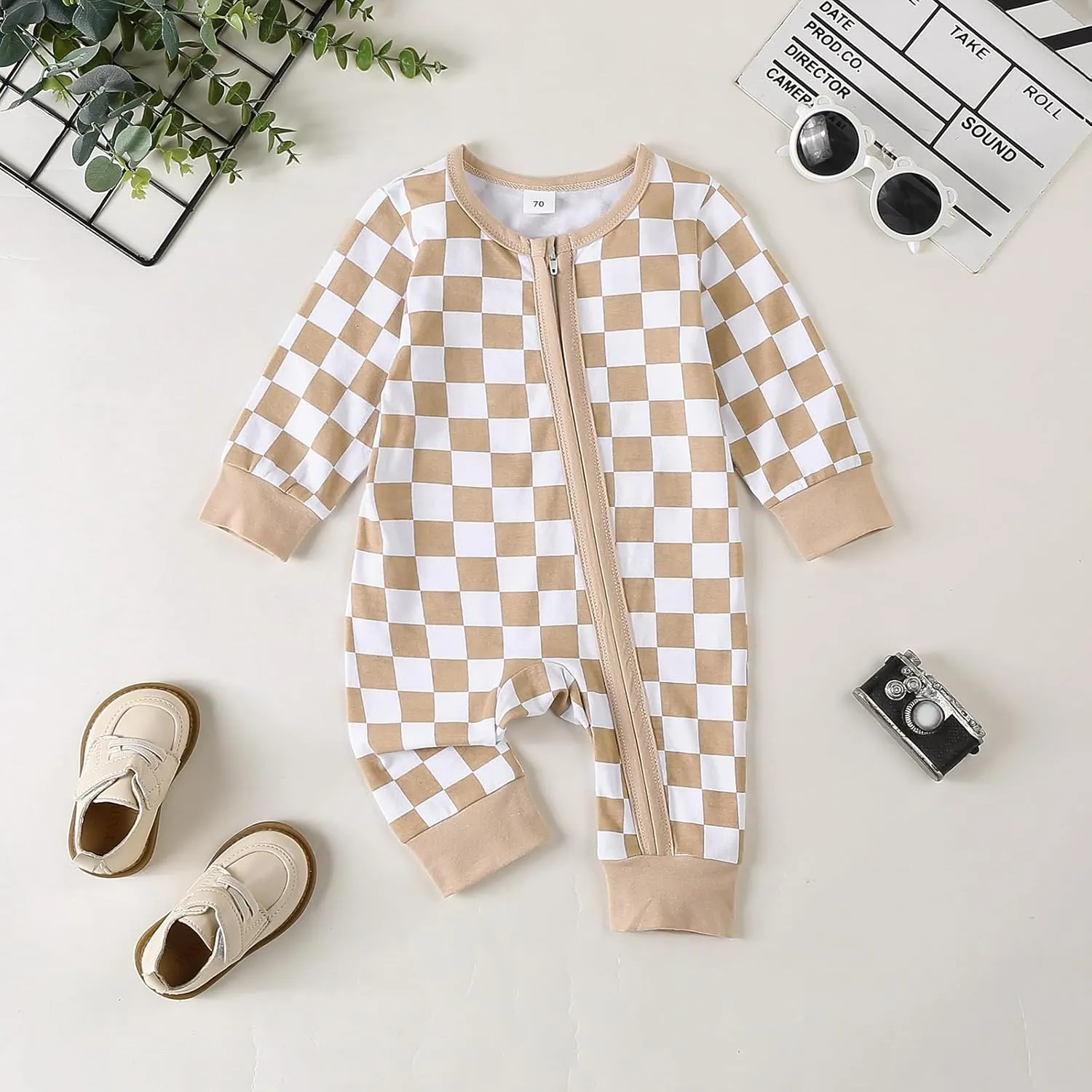 Karuedoo Newborn Baby Boy Girl Clothes Checkered Long Sleeve Zipper Romper Jumpsuit One Piece Bodysuit Fall Winter Outfit
