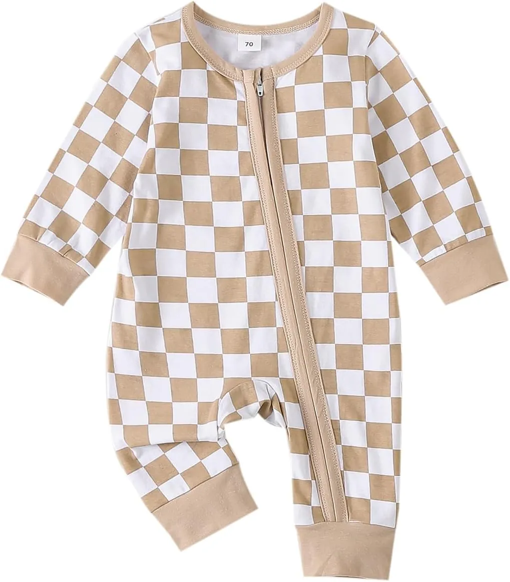 Karuedoo Newborn Baby Boy Girl Clothes Checkered Long Sleeve Zipper Romper Jumpsuit One Piece Bodysuit Fall Winter Outfit