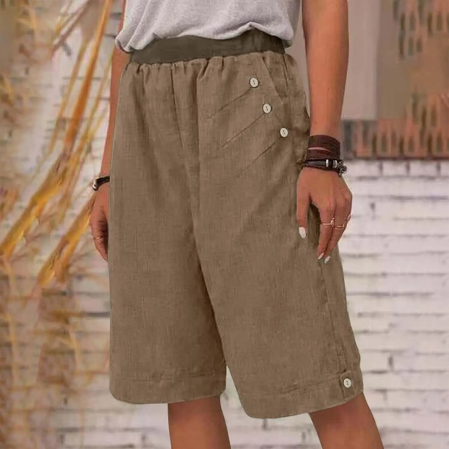 Linen Shorts for Women Summer High Waisted Bermuda Shorts Casual Loose Comfy Lounge Shorts with Pockets