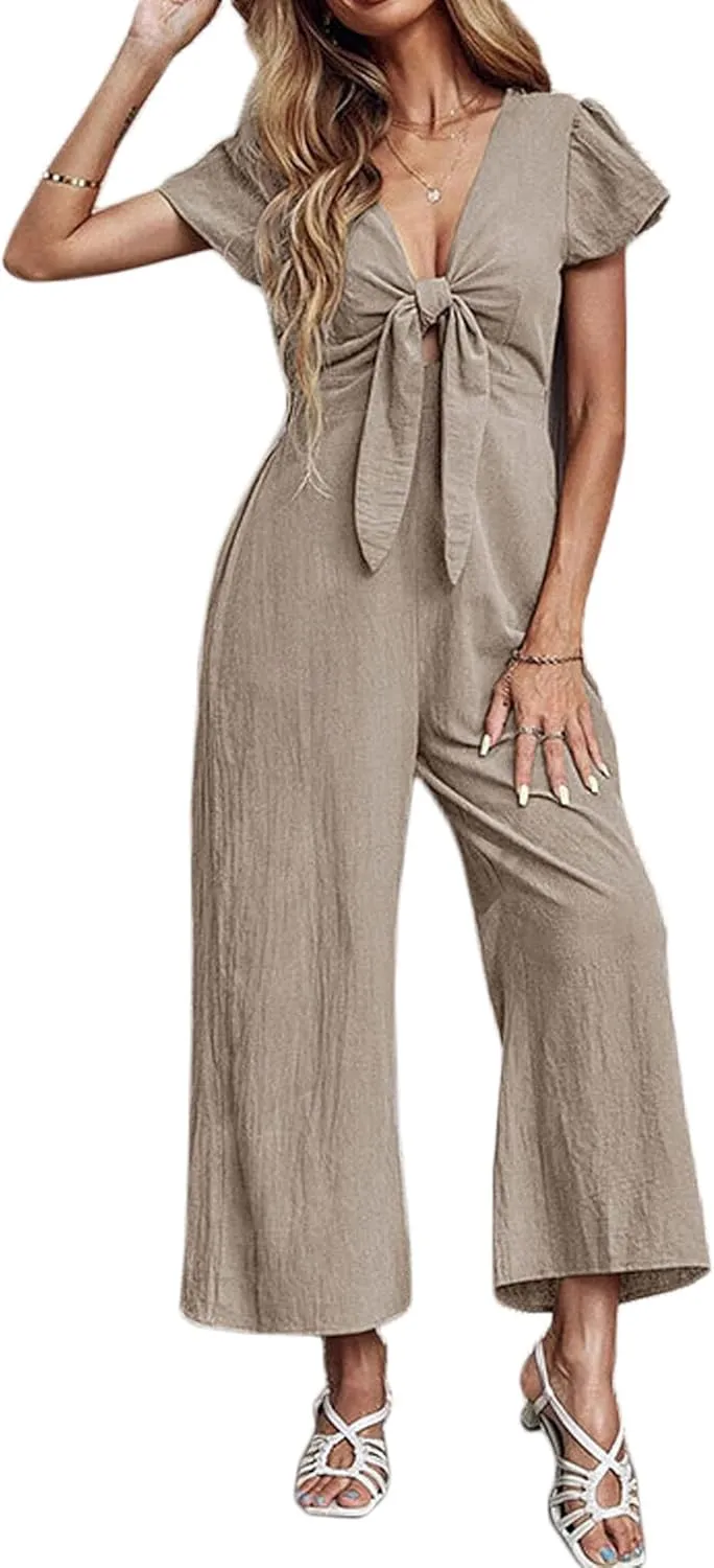 loveimgs Women's Short Sleeve Wrinkled Ice Silk Wide Leg Jumpsuit Tie Knot Cropped Palazzo Pants Romper