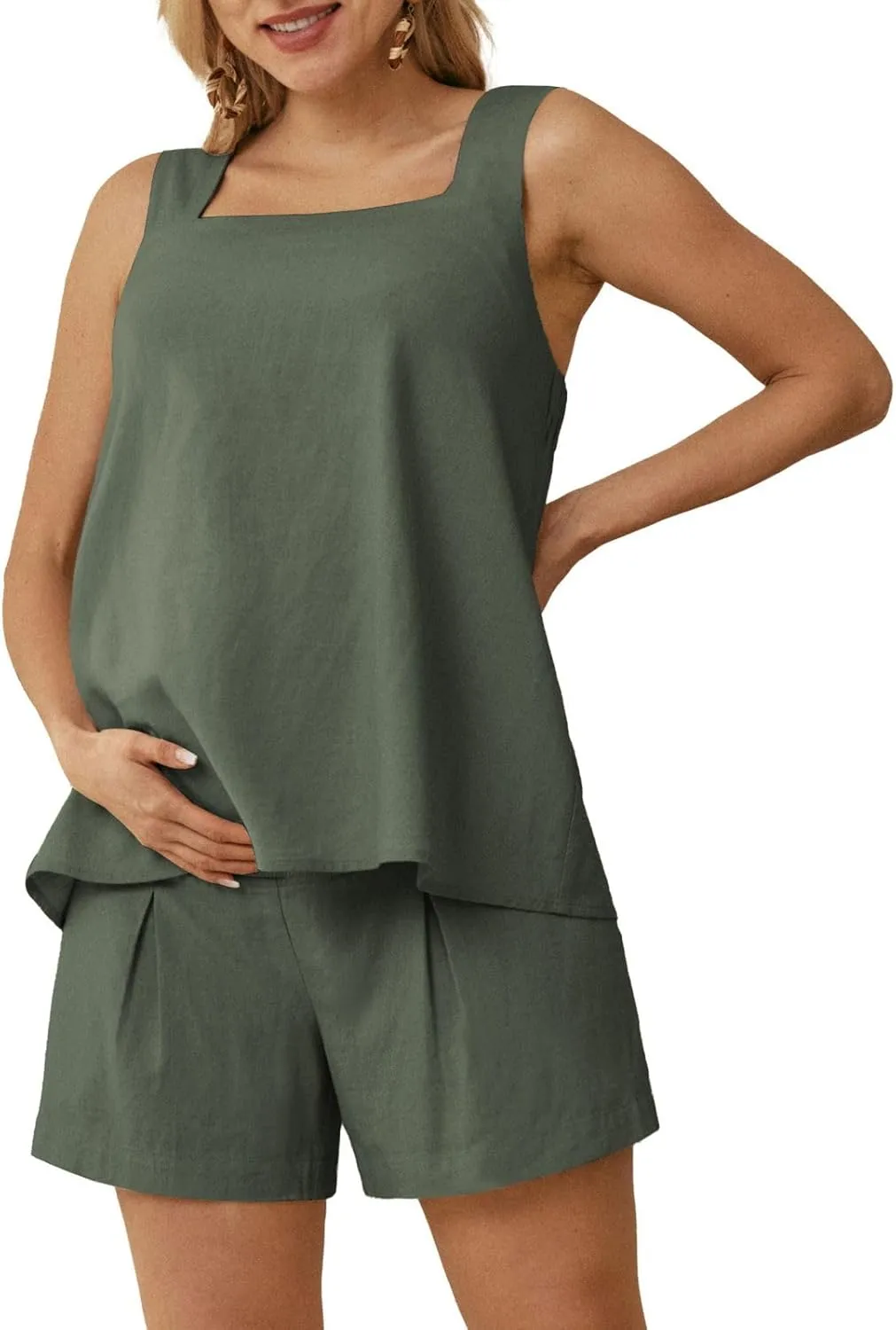 Maacie Maternity 2 Pieces Outfits Summer Linen Shorts Sets Tank Tops Wide Legs Shorts with Pockets