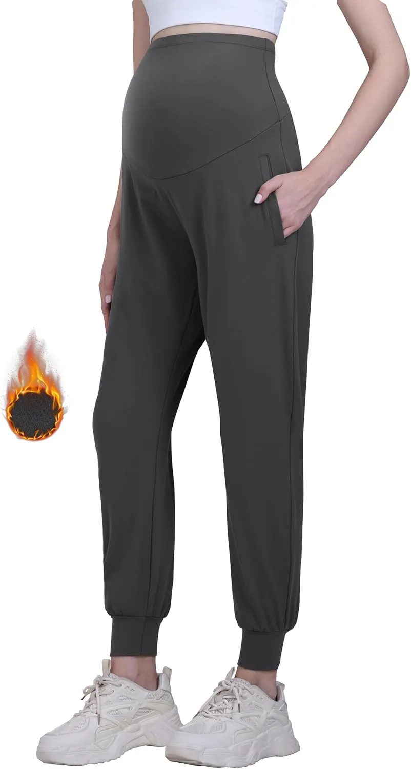 Maternity Joggers Fleece Lined Maternity Sweatpants Stretchy Workout Casual Pregnancy Pants with Pockets