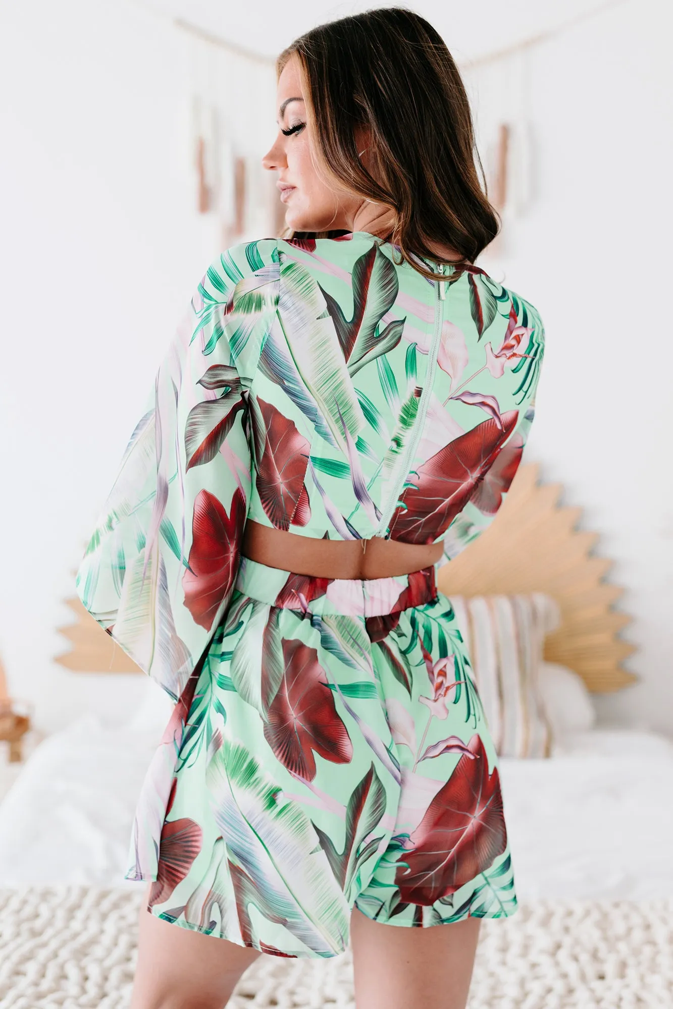 Maui Mindset Palm Printed Bell Sleeved Cut-Out Romper (Green)