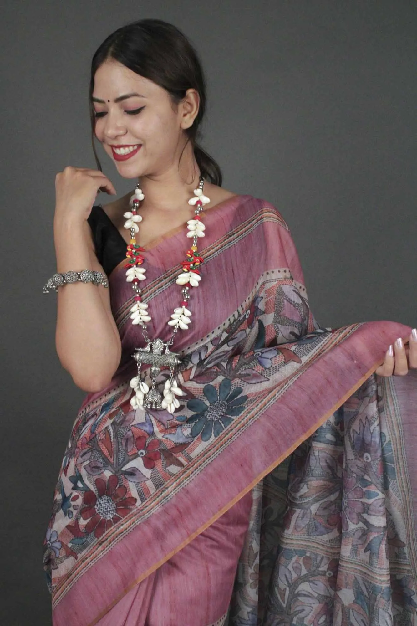 Mauve sophisticated madhubani digital printed Chanderi Cotton  with Tassels Wrap in 1 minute saree