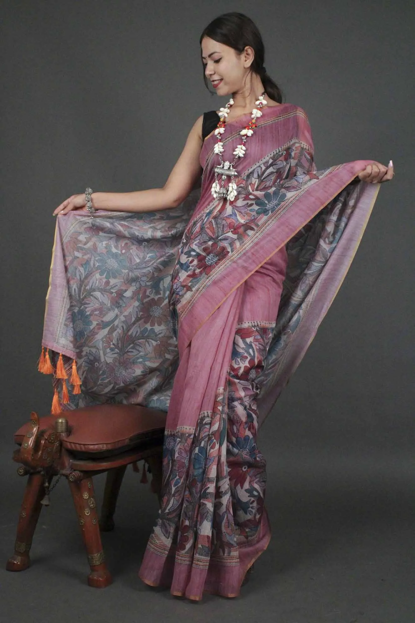 Mauve sophisticated madhubani digital printed Chanderi Cotton  with Tassels Wrap in 1 minute saree
