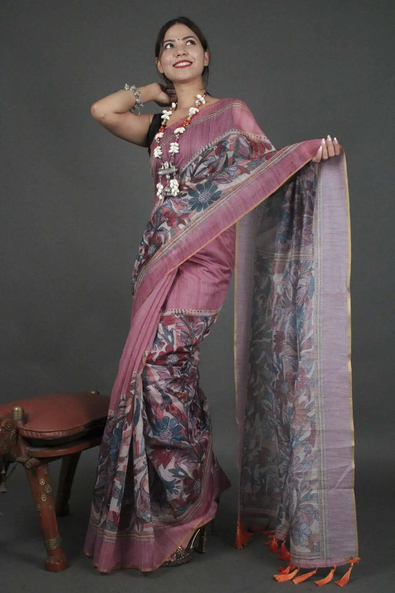 Mauve sophisticated madhubani digital printed Chanderi Cotton  with Tassels Wrap in 1 minute saree