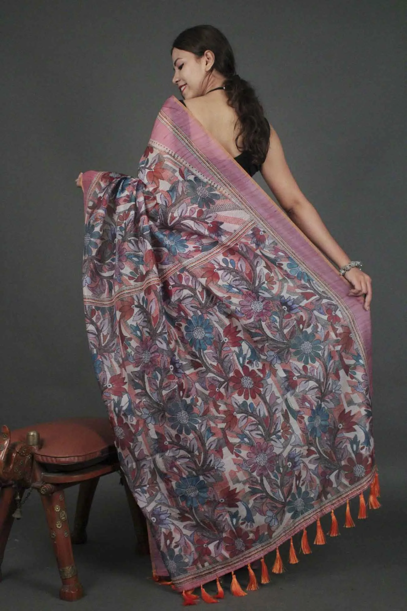 Mauve sophisticated madhubani digital printed Chanderi Cotton  with Tassels Wrap in 1 minute saree