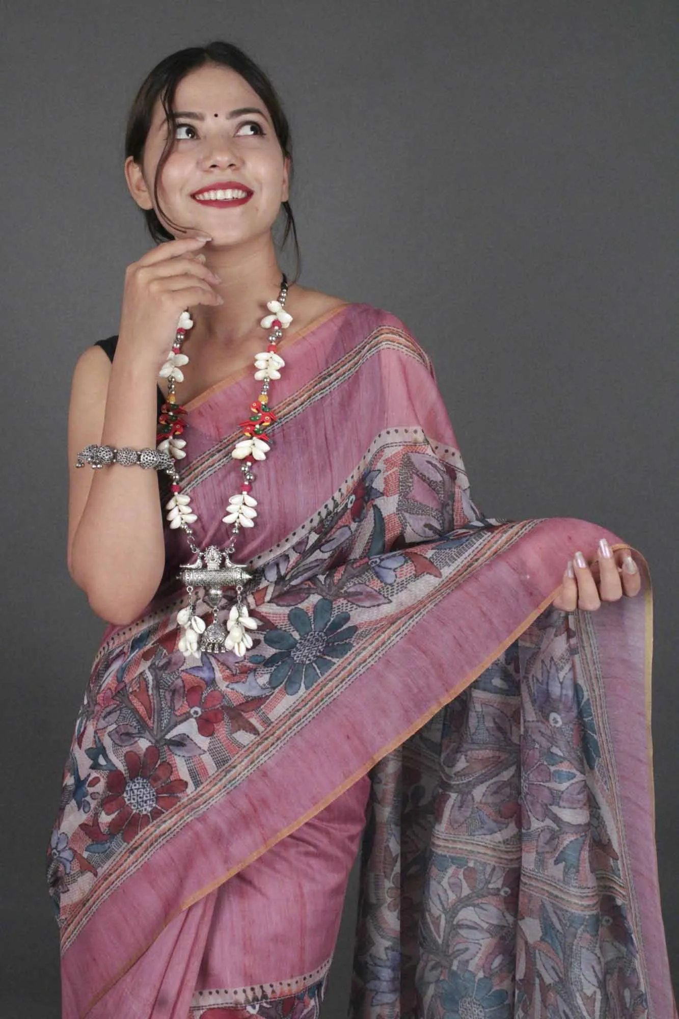 Mauve sophisticated madhubani digital printed Chanderi Cotton  with Tassels Wrap in 1 minute saree