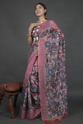 Mauve sophisticated madhubani digital printed Chanderi Cotton  with Tassels Wrap in 1 minute saree