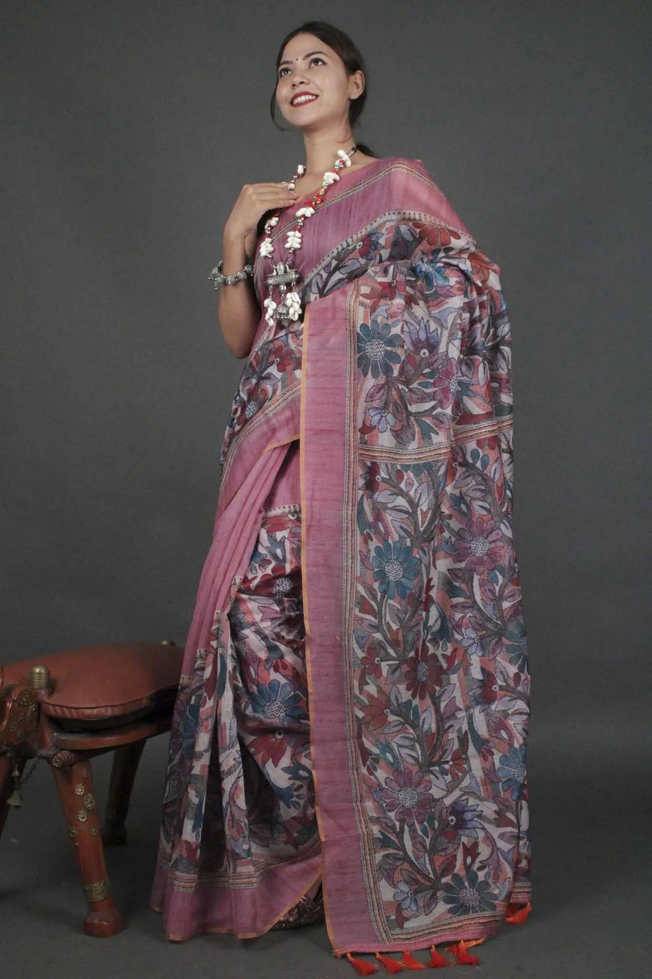 Mauve sophisticated madhubani digital printed Chanderi Cotton  with Tassels Wrap in 1 minute saree