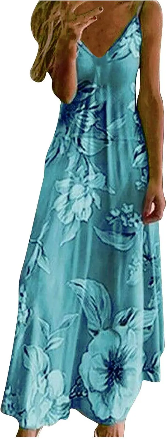 Maxi Dresses for Women 2024 Sexy V Neck Spaghetti Strap Beach Dress Floral Print Boho Flowy Sun Dress Summer Dresses