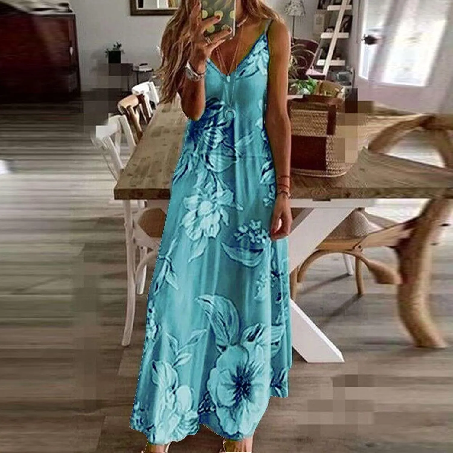 Maxi Dresses for Women 2024 Sexy V Neck Spaghetti Strap Beach Dress Floral Print Boho Flowy Sun Dress Summer Dresses