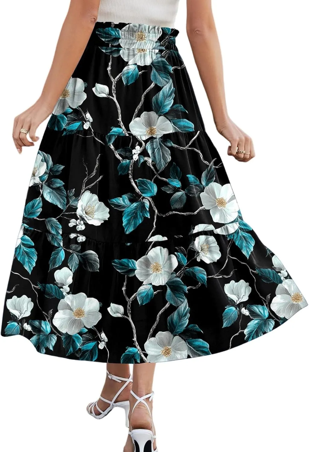 Maxi Skirts for Women 2025 Casual Trendy Floral Print Elastic Waist Lightweight Flowy Skirt, S-2XL