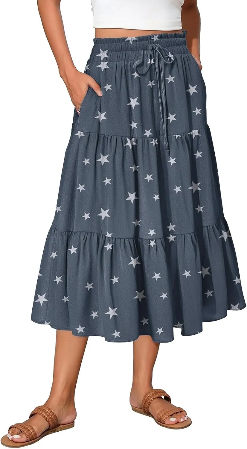 Maxi Skirts for Women 2025 Casual Trendy Floral Print Elastic Waist Lightweight Flowy Skirt, S-2XL