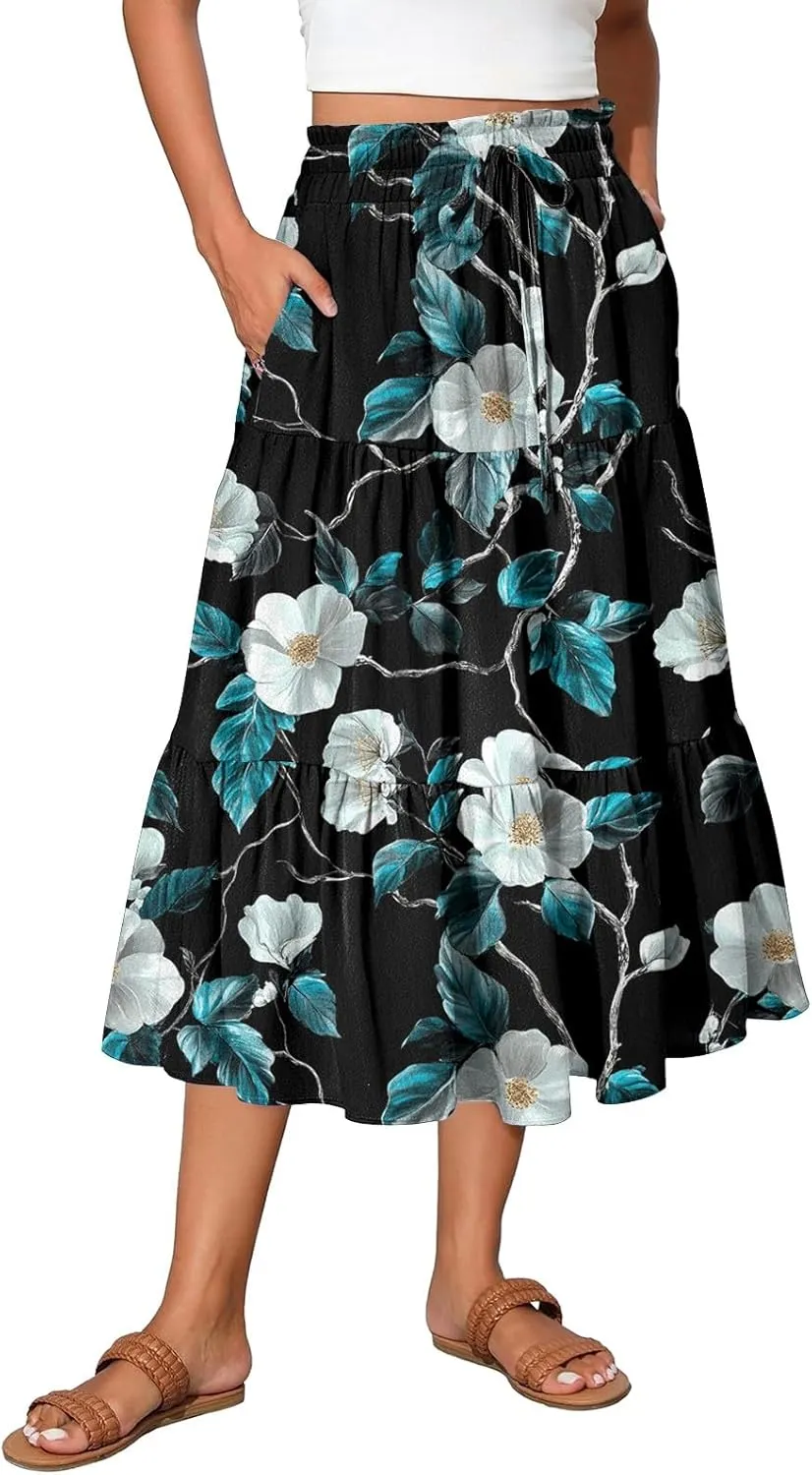 Maxi Skirts for Women 2025 Casual Trendy Floral Print Elastic Waist Lightweight Flowy Skirt, S-2XL