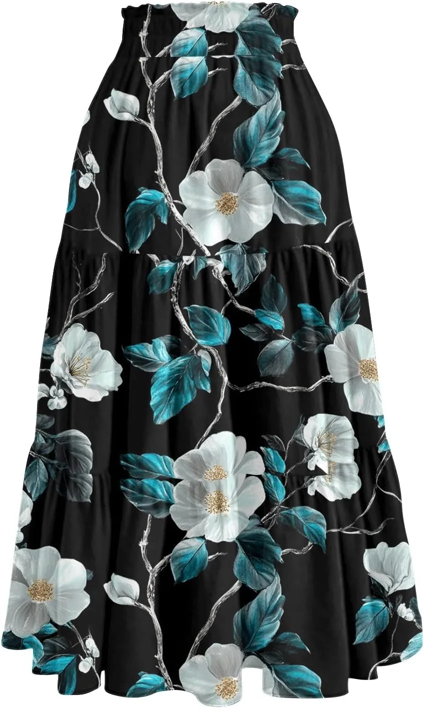 Maxi Skirts for Women 2025 Casual Trendy Floral Print Elastic Waist Lightweight Flowy Skirt, S-2XL