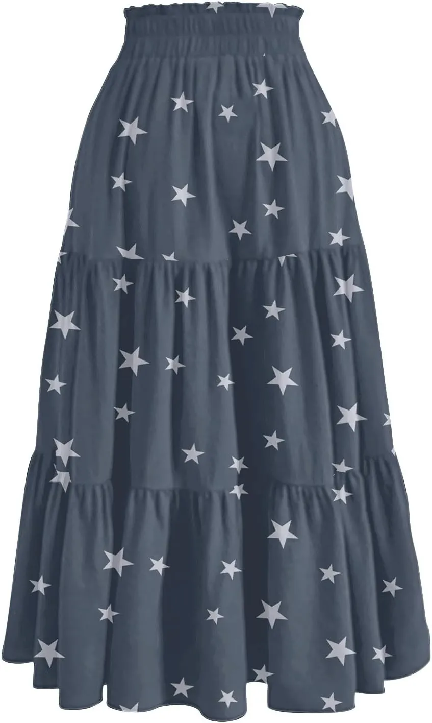 Maxi Skirts for Women 2025 Casual Trendy Floral Print Elastic Waist Lightweight Flowy Skirt, S-2XL