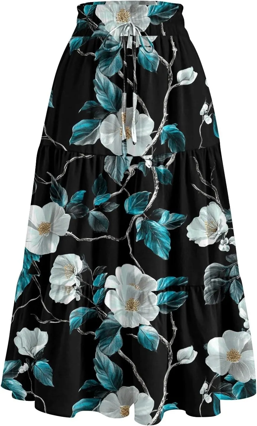 Maxi Skirts for Women 2025 Casual Trendy Floral Print Elastic Waist Lightweight Flowy Skirt, S-2XL