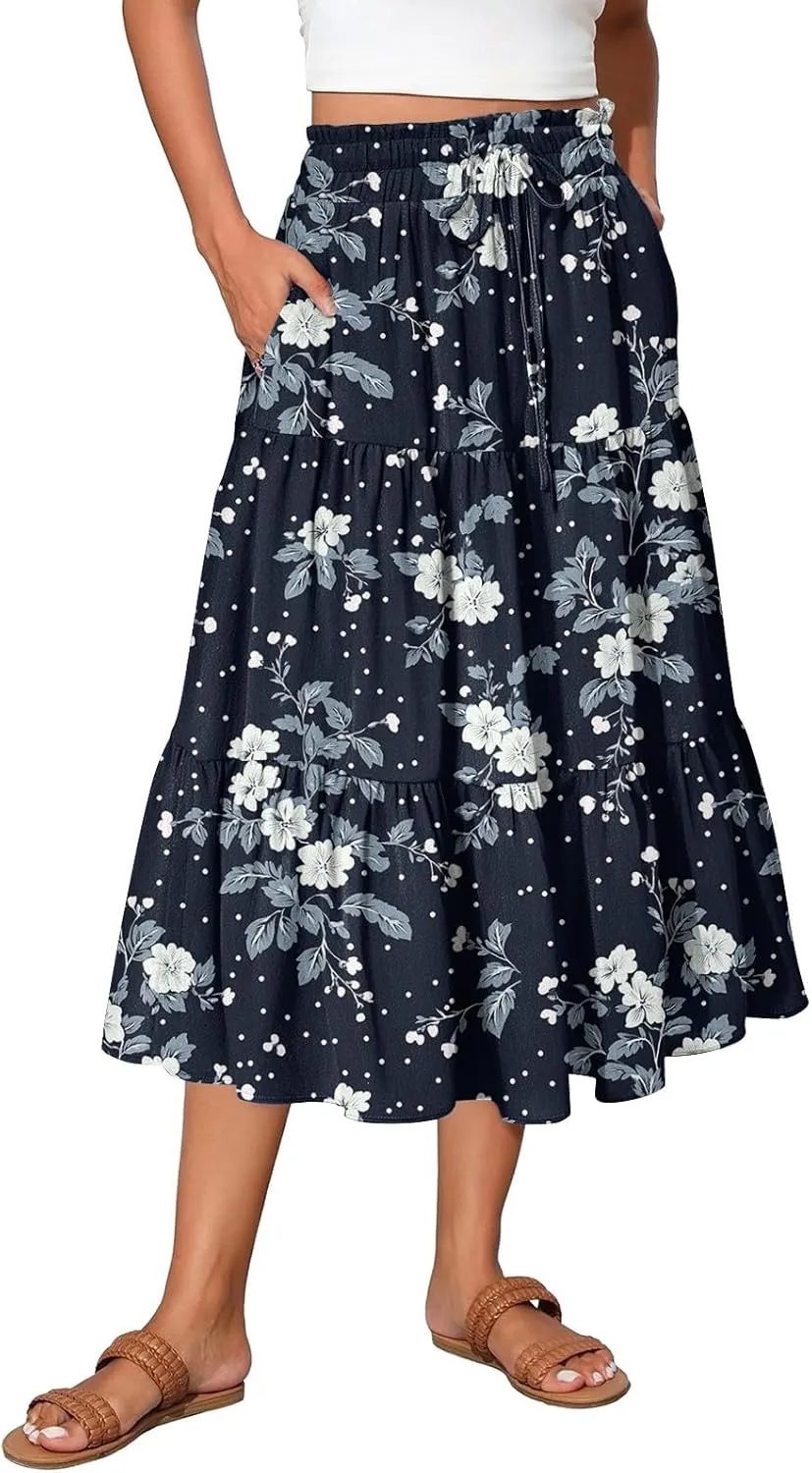 Maxi Skirts for Women Loose Casual Trendy Floral Print Elastic Waist Lightweight Hawaiian Flowy Skirt, S-2XL