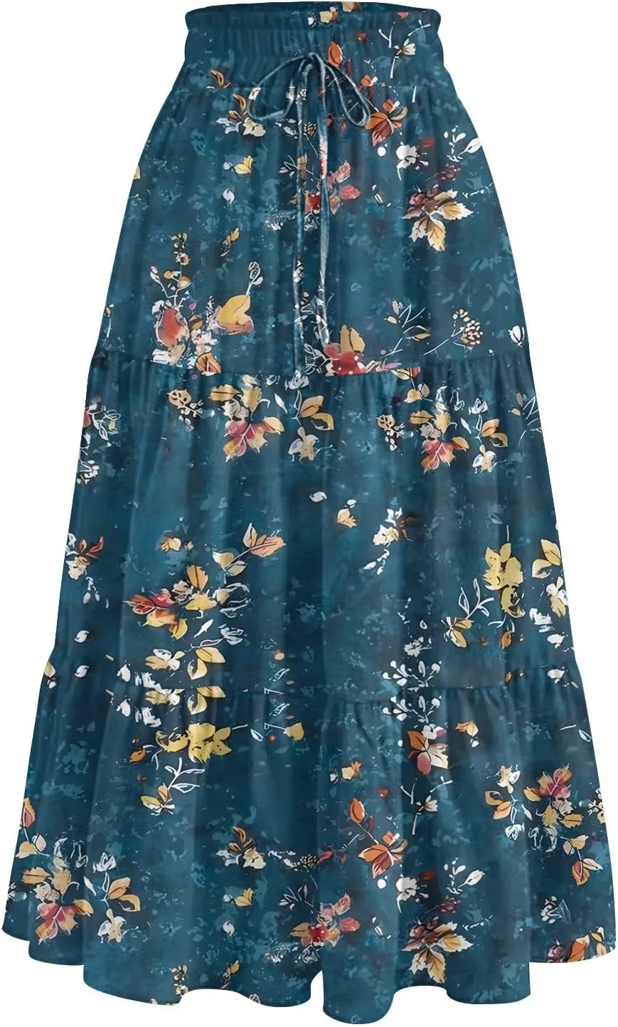 Maxi Skirts for Women Loose Casual Trendy Floral Print Elastic Waist Lightweight Hawaiian Flowy Skirt, S-2XL