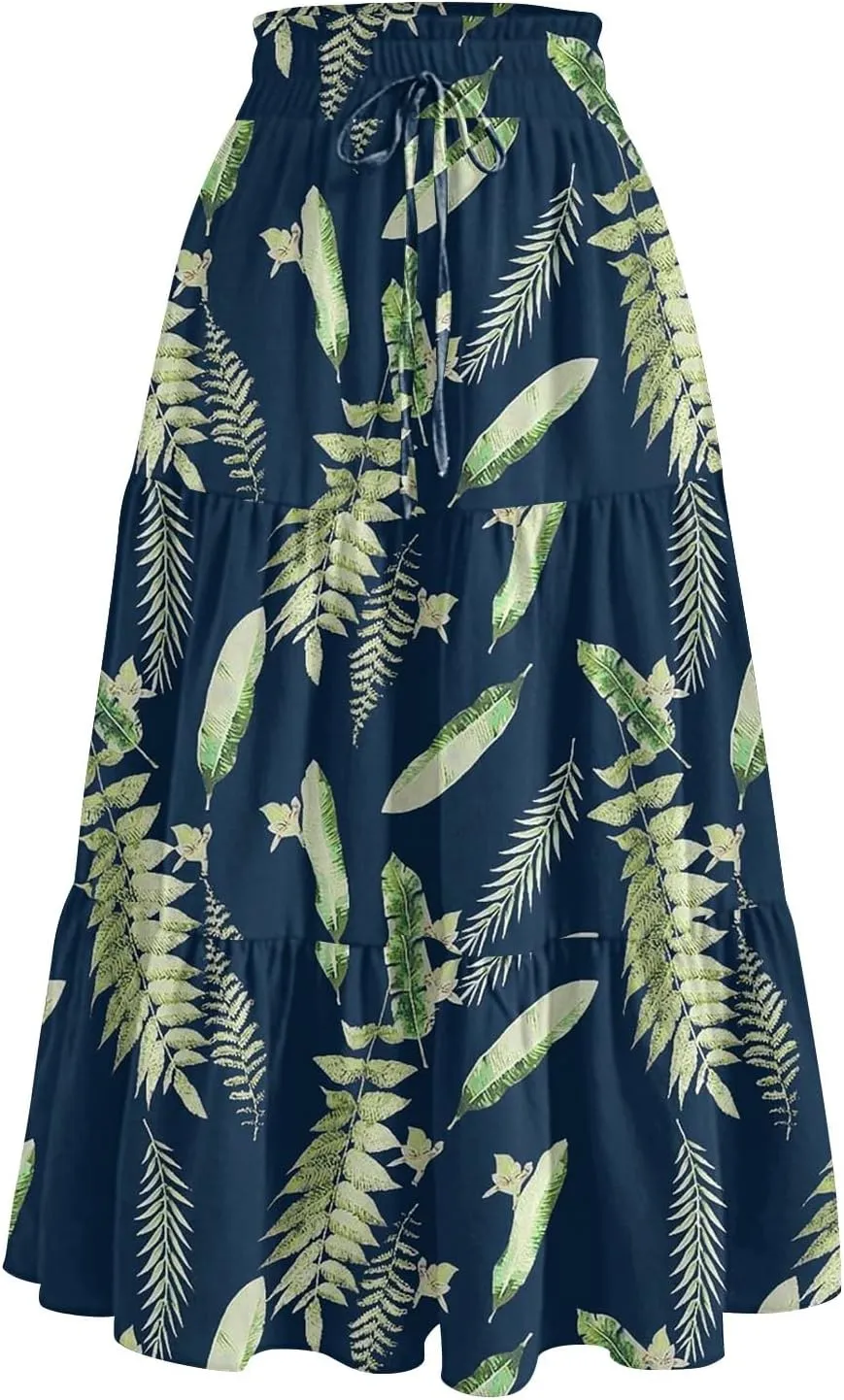 Maxi Skirts for Women Loose Casual Trendy Floral Print Elastic Waist Lightweight Hawaiian Flowy Skirt, S-2XL