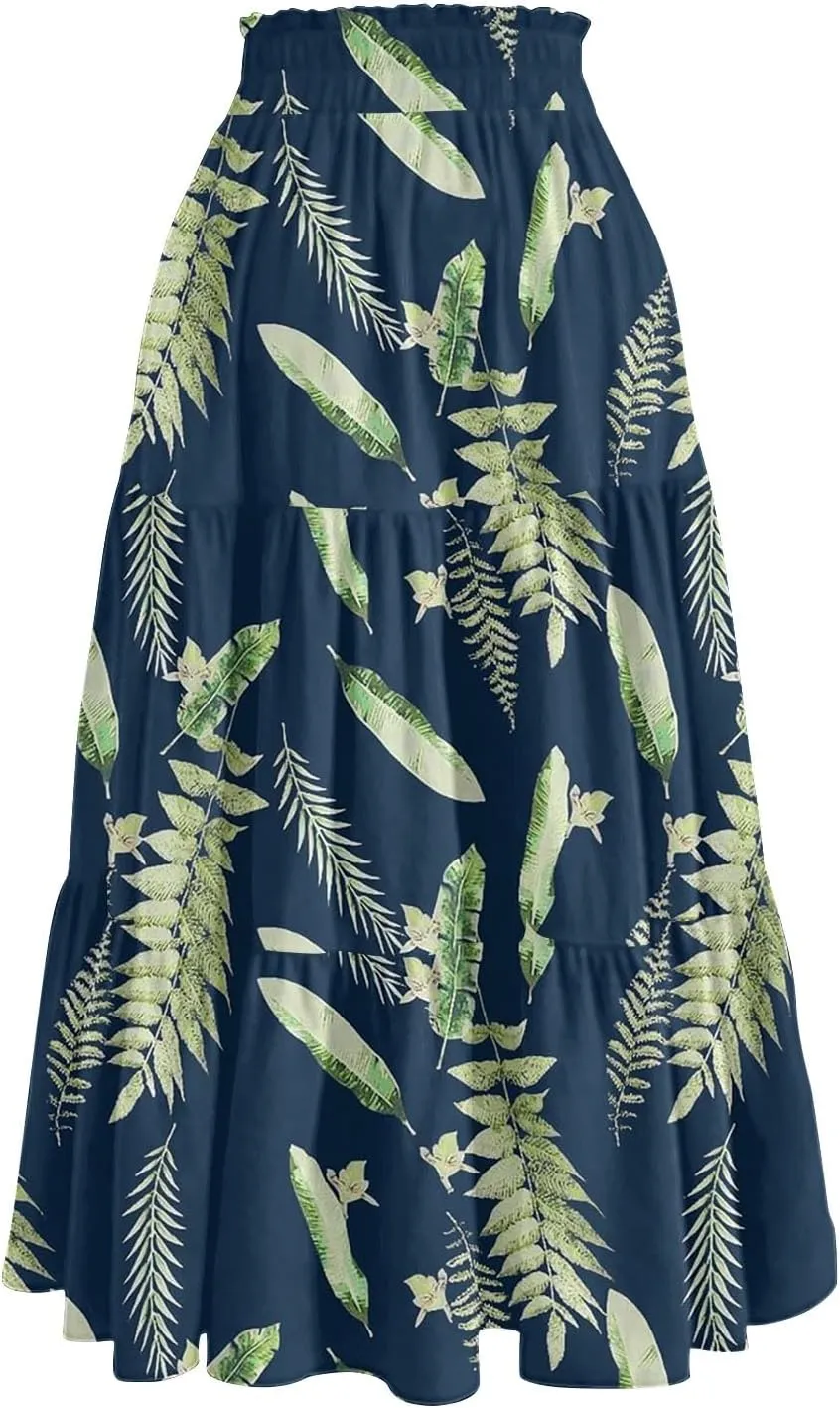Maxi Skirts for Women Loose Casual Trendy Floral Print Elastic Waist Lightweight Hawaiian Flowy Skirt, S-2XL