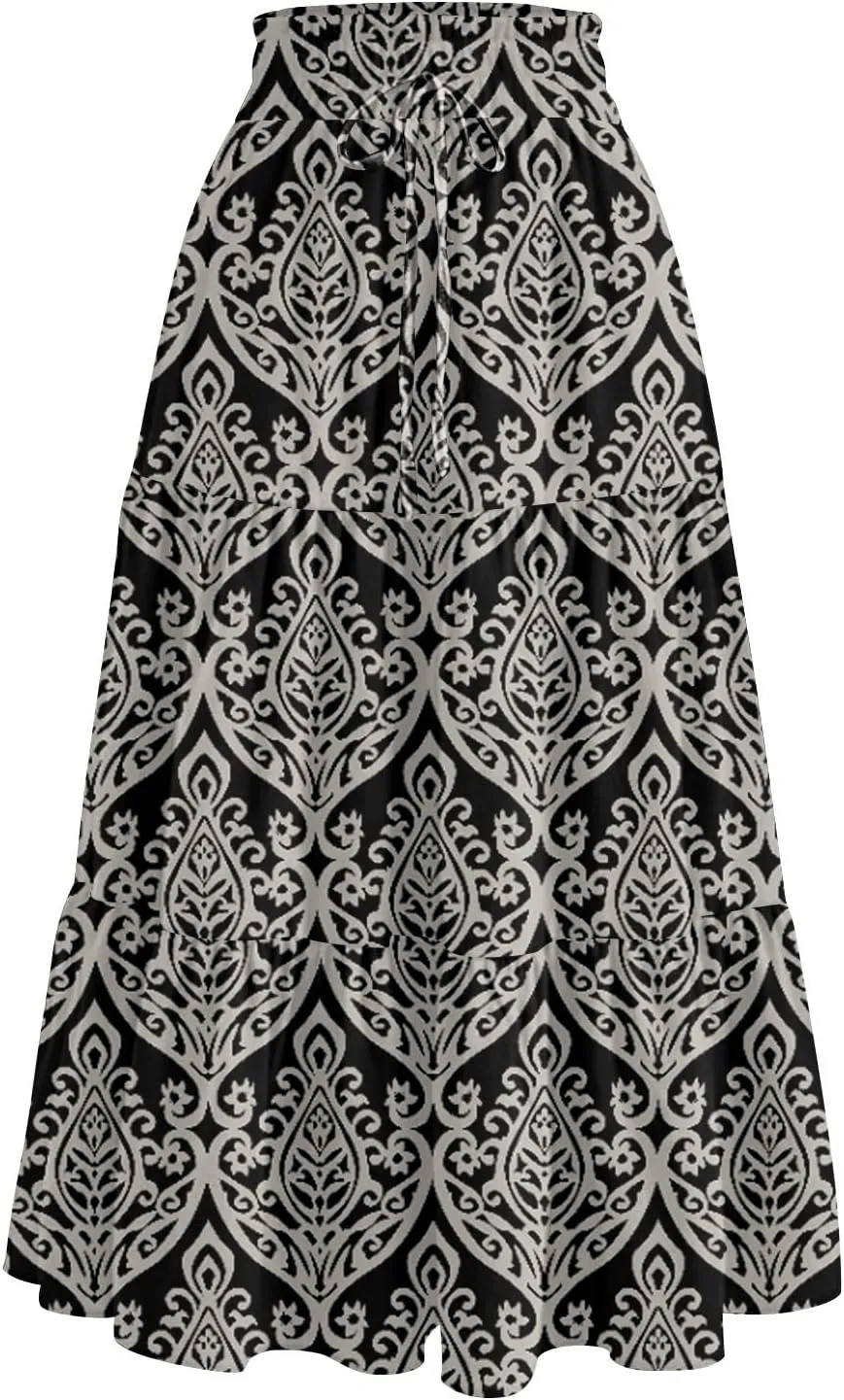 Maxi Skirts for Women Loose Casual Trendy Floral Print Elastic Waist Lightweight Hawaiian Flowy Skirt, S-2XL