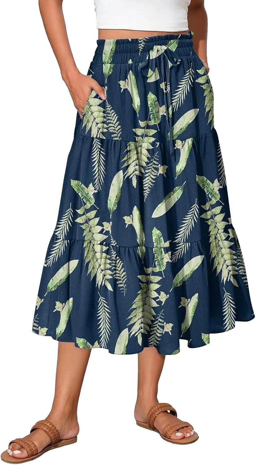 Maxi Skirts for Women Loose Casual Trendy Floral Print Elastic Waist Lightweight Hawaiian Flowy Skirt, S-2XL