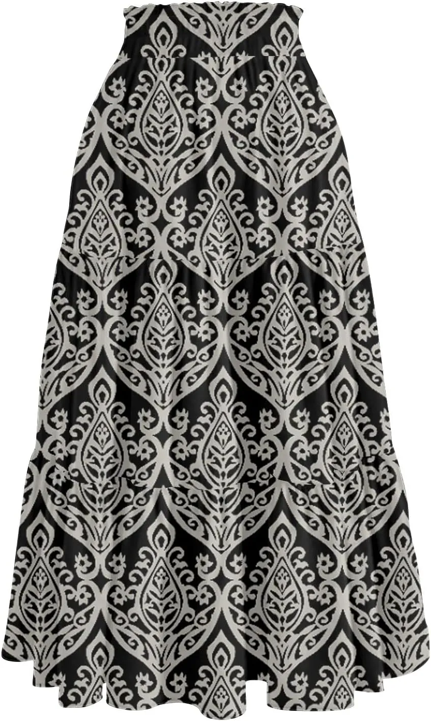 Maxi Skirts for Women Loose Casual Trendy Floral Print Elastic Waist Lightweight Hawaiian Flowy Skirt, S-2XL