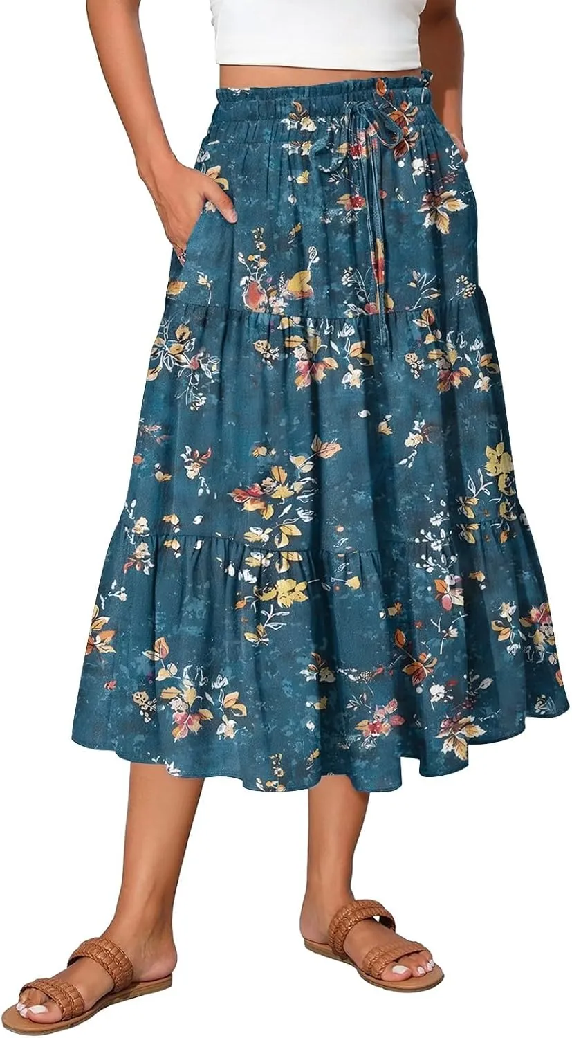 Maxi Skirts for Women Loose Casual Trendy Floral Print Elastic Waist Lightweight Hawaiian Flowy Skirt, S-2XL