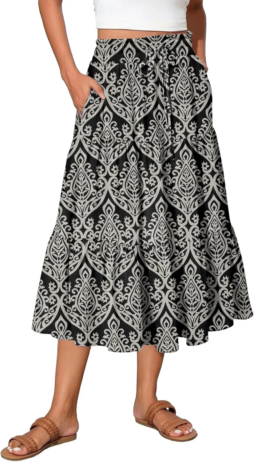 Maxi Skirts for Women Loose Casual Trendy Floral Print Elastic Waist Lightweight Hawaiian Flowy Skirt, S-2XL