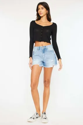 Medium Stone Wash Blue High Rise Denim Shorts