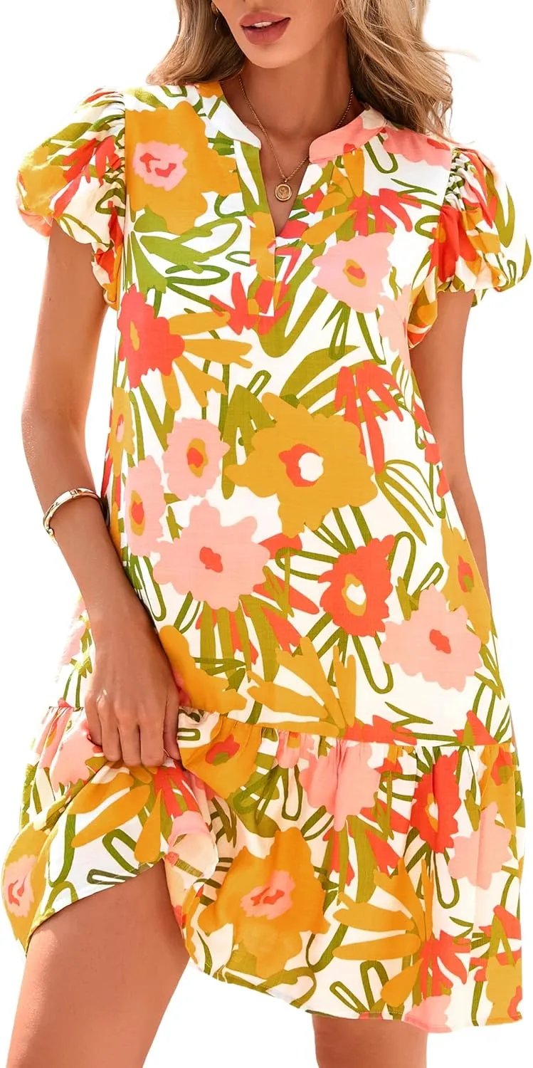 Melliflo Womens Summer Casual Mini Dresses V Neck Tiered Floral Print Boho Mini Babydoll Dress 2025 Beach Vacation Sundress