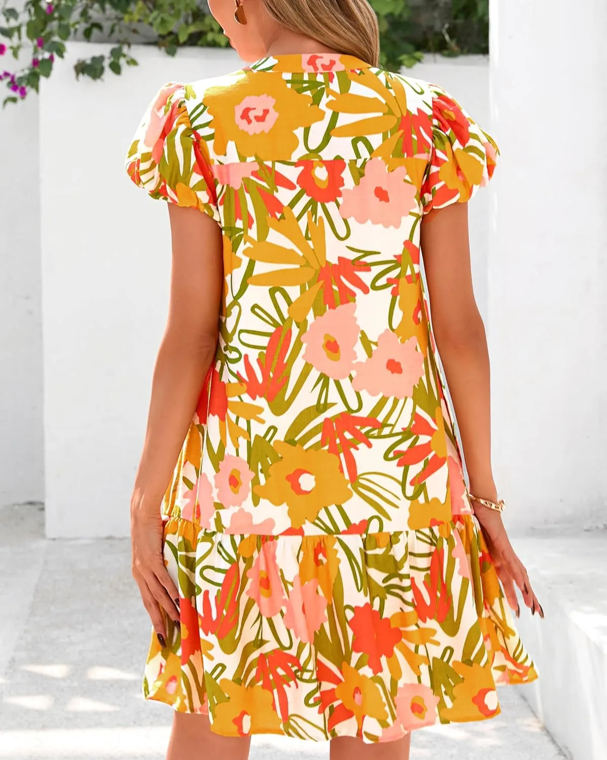 Melliflo Womens Summer Casual Mini Dresses V Neck Tiered Floral Print Boho Mini Babydoll Dress 2025 Beach Vacation Sundress