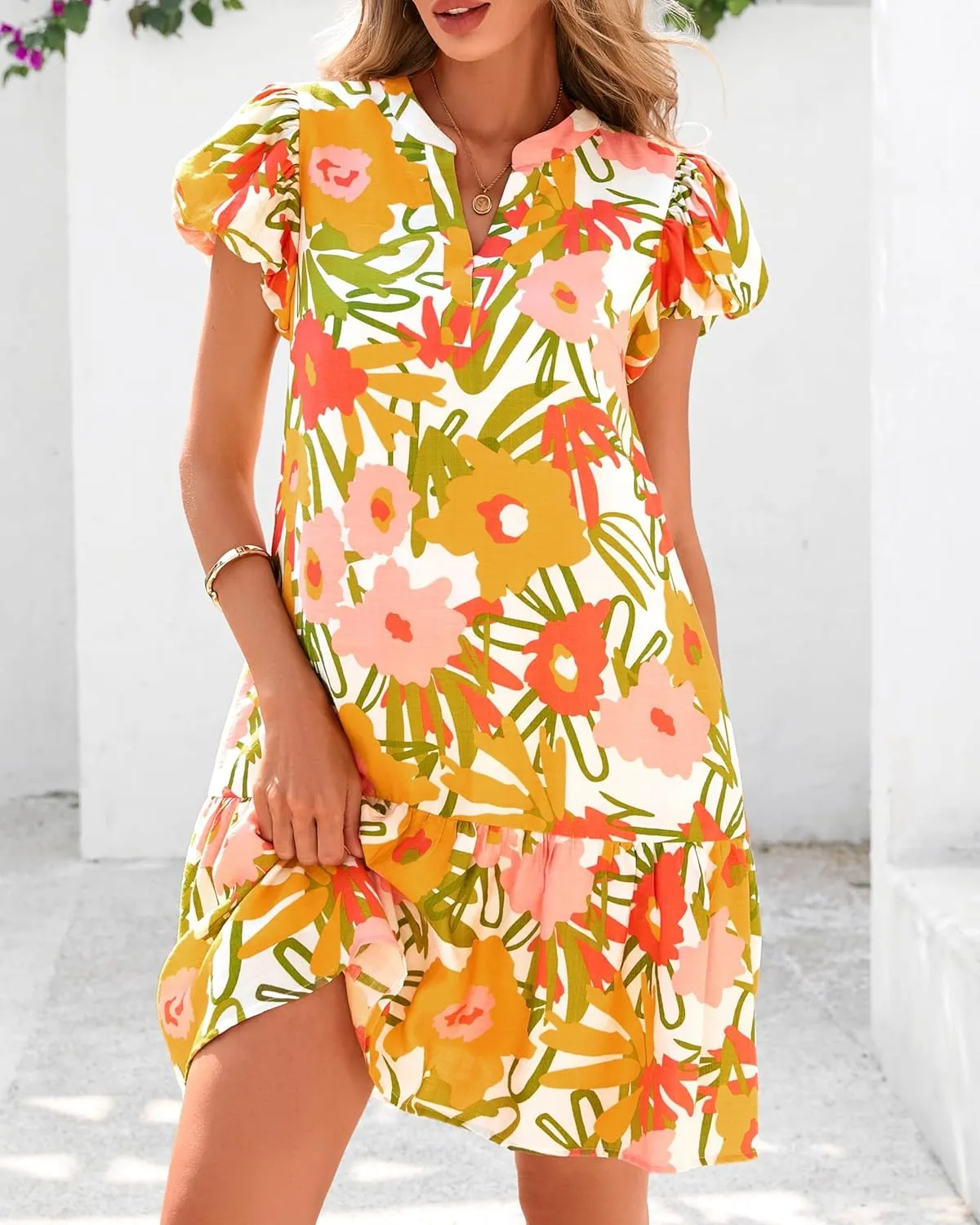 Melliflo Womens Summer Casual Mini Dresses V Neck Tiered Floral Print Boho Mini Babydoll Dress 2025 Beach Vacation Sundress