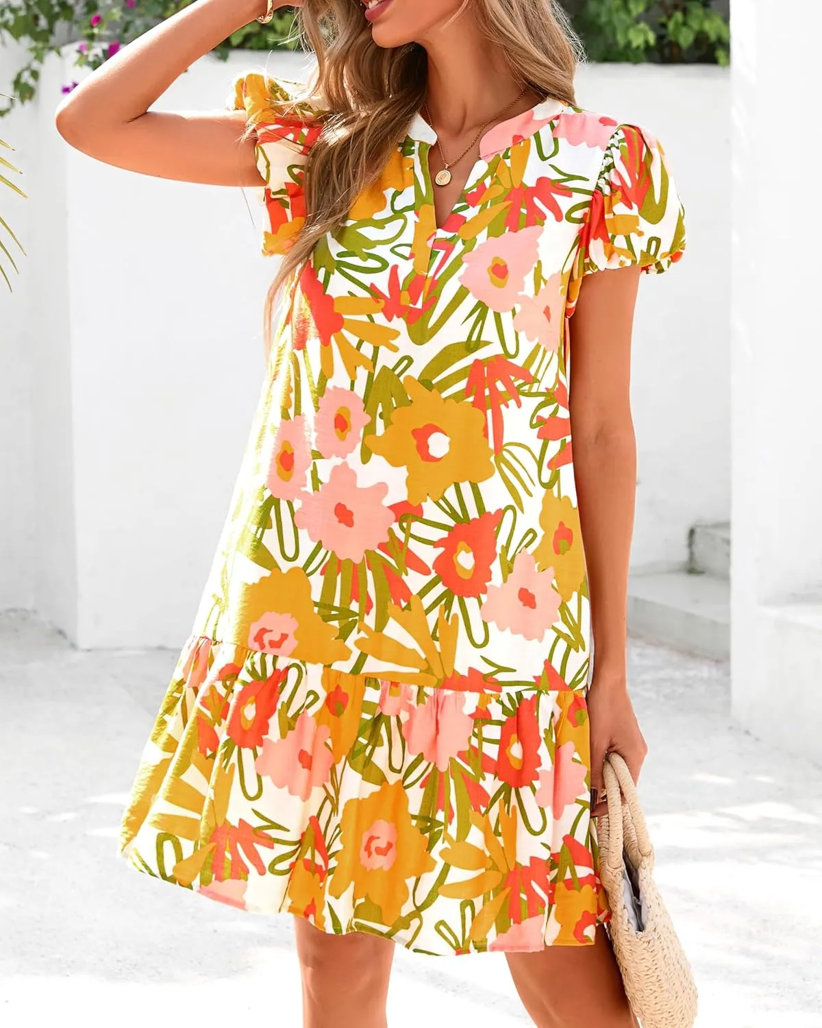 Melliflo Womens Summer Casual Mini Dresses V Neck Tiered Floral Print Boho Mini Babydoll Dress 2025 Beach Vacation Sundress