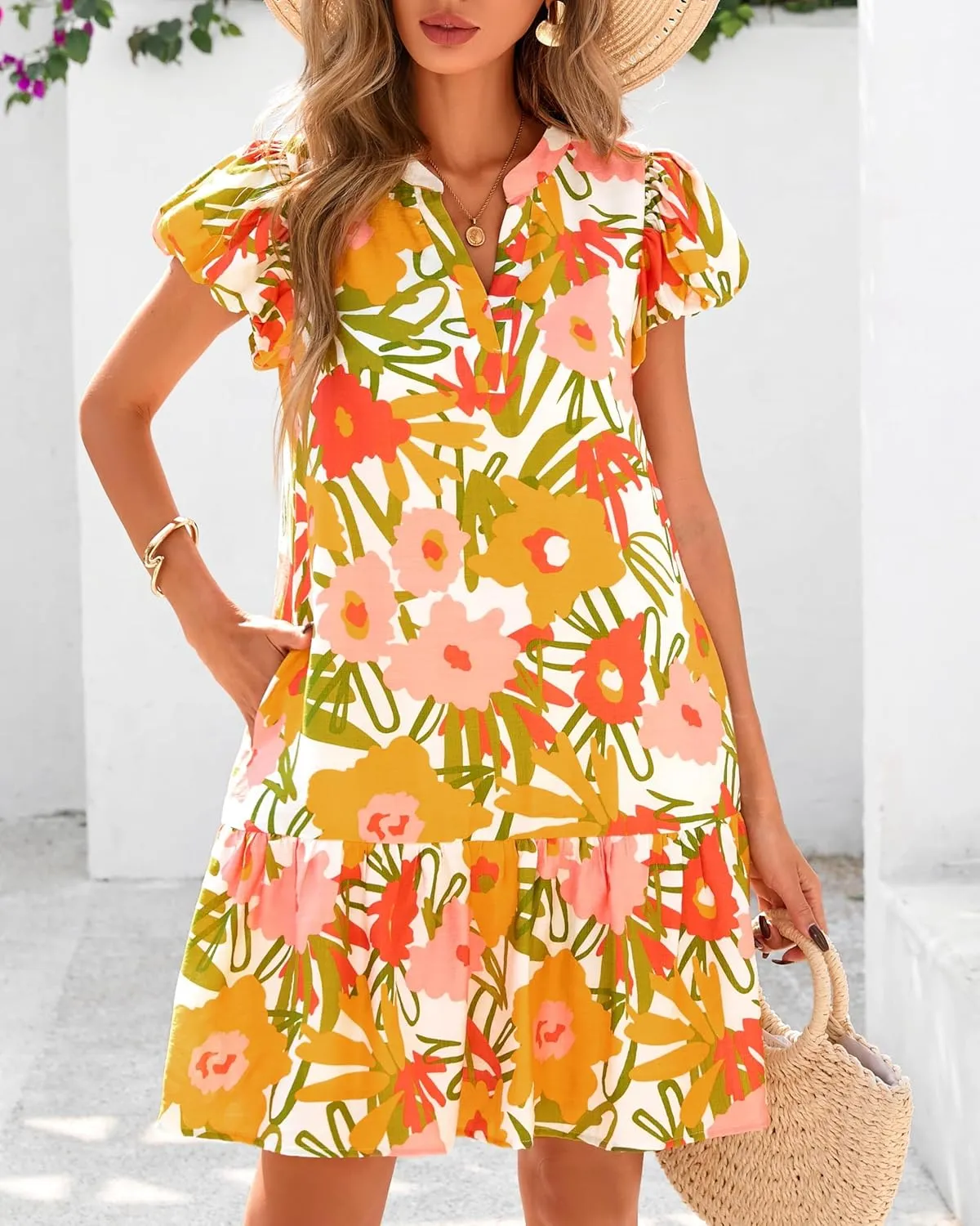 Melliflo Womens Summer Casual Mini Dresses V Neck Tiered Floral Print Boho Mini Babydoll Dress 2025 Beach Vacation Sundress