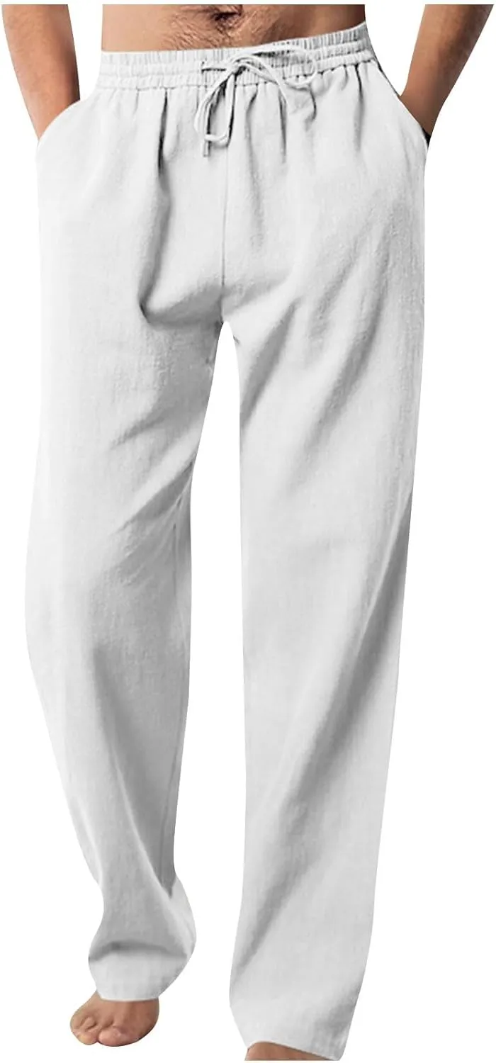 Men Elastic Waist Drawstring Trouser Solid Color Wide Leg Straight Pants Casual Loose Soft Sweatpants with Pocket