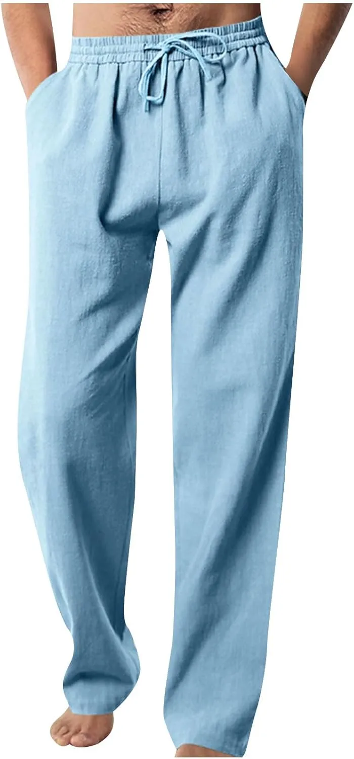 Men Elastic Waist Drawstring Trouser Solid Color Wide Leg Straight Pants Casual Loose Soft Sweatpants with Pocket