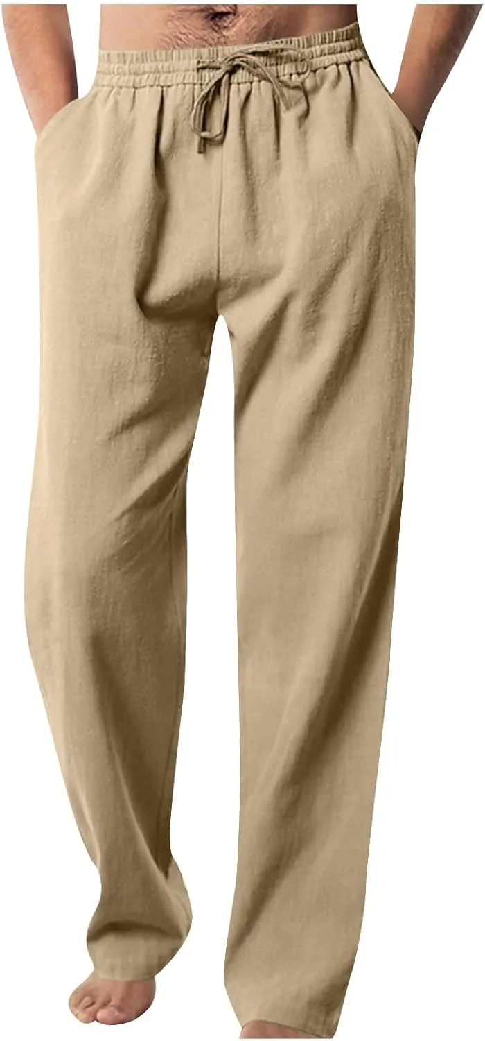 Men Elastic Waist Drawstring Trouser Solid Color Wide Leg Straight Pants Casual Loose Soft Sweatpants with Pocket