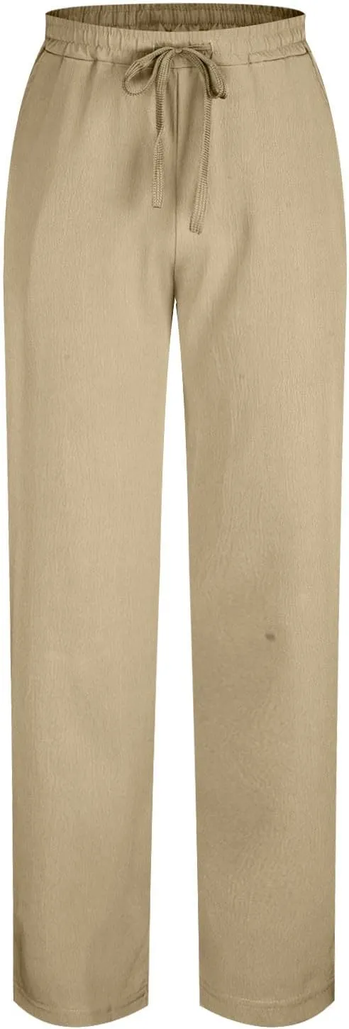 Men Elastic Waist Drawstring Trouser Solid Color Wide Leg Straight Pants Casual Loose Soft Sweatpants with Pocket