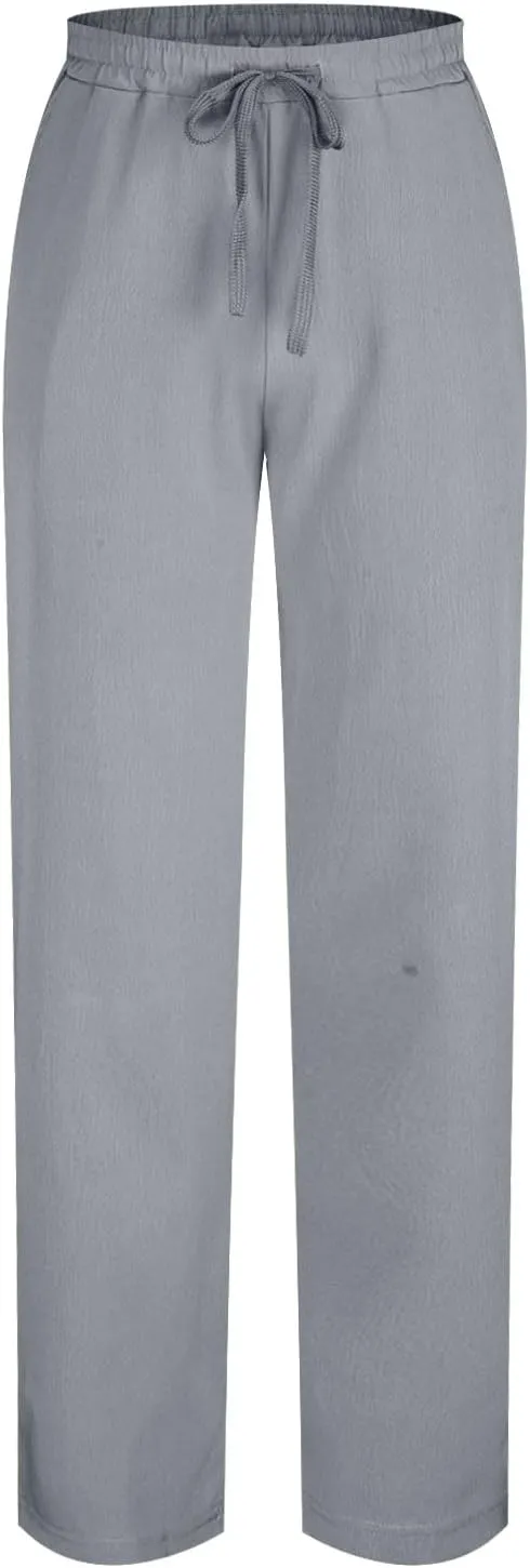 Men Elastic Waist Drawstring Trouser Solid Color Wide Leg Straight Pants Casual Loose Soft Sweatpants with Pocket
