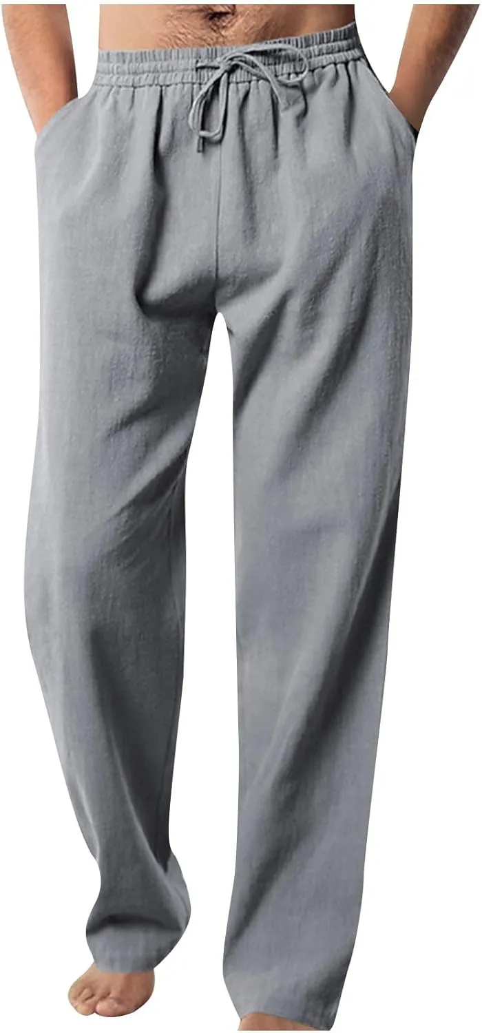 Men Elastic Waist Drawstring Trouser Solid Color Wide Leg Straight Pants Casual Loose Soft Sweatpants with Pocket