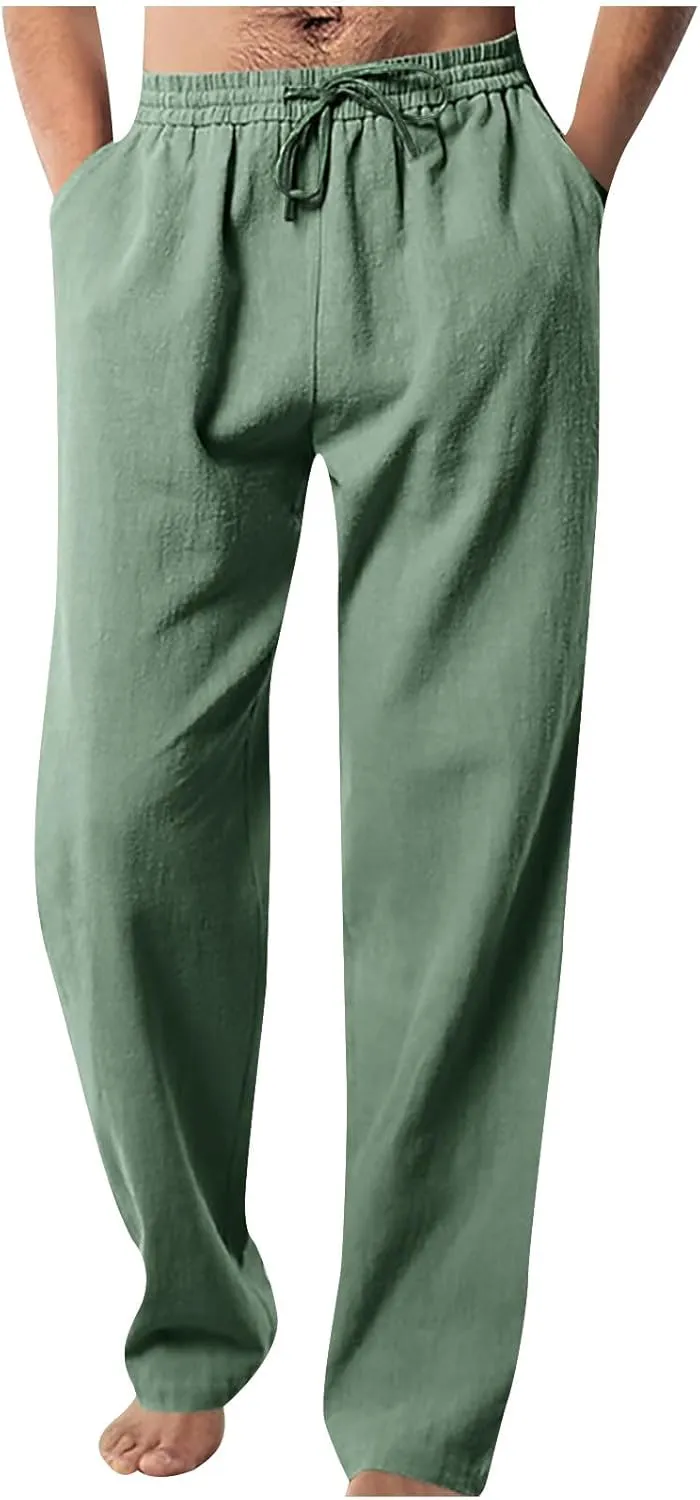 Men Elastic Waist Drawstring Trouser Solid Color Wide Leg Straight Pants Casual Loose Soft Sweatpants with Pocket