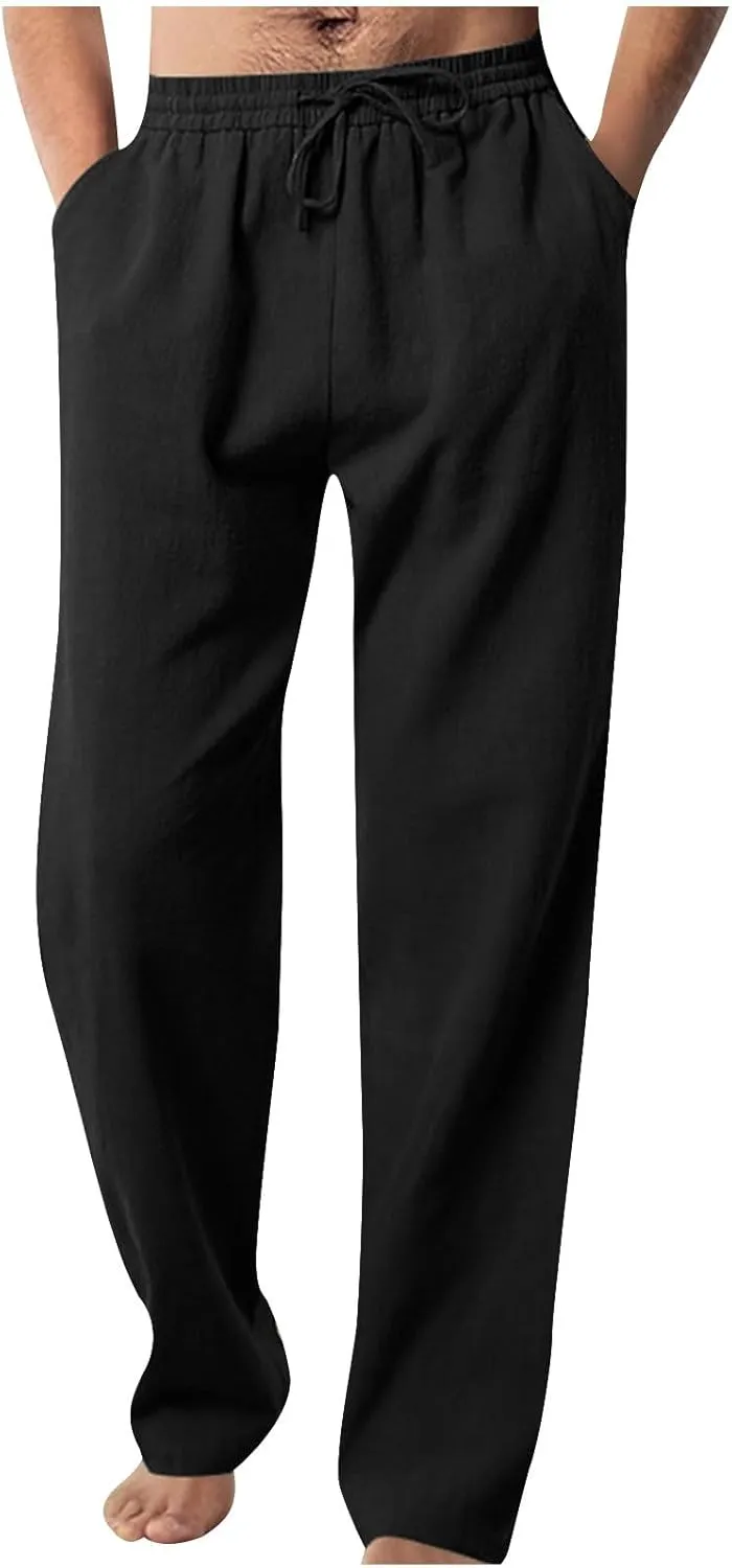 Men Elastic Waist Drawstring Trouser Solid Color Wide Leg Straight Pants Casual Loose Soft Sweatpants with Pocket