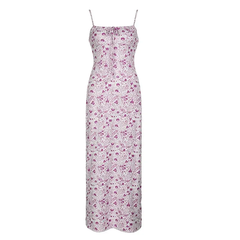 Metaversmall Fashion Spaghetti Strap Printed Slim Sexy Summer Dress Female Beach Holidays Tie-Up Sundress Party Long Dresses Chic