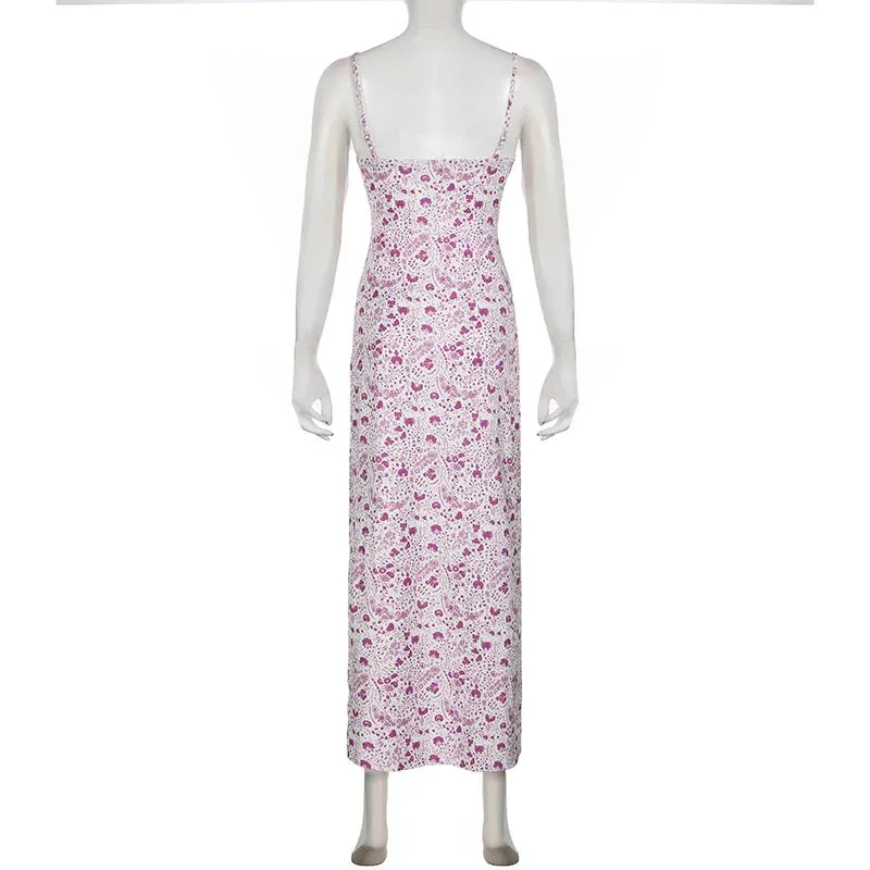 Metaversmall Fashion Spaghetti Strap Printed Slim Sexy Summer Dress Female Beach Holidays Tie-Up Sundress Party Long Dresses Chic