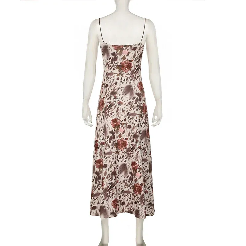 Metaversmall Vintage Fashion Leopard Flowers Print Long Dress Party Spaghetti Strap Y2K Chic Holidays Sundress Elegant Women Sexy